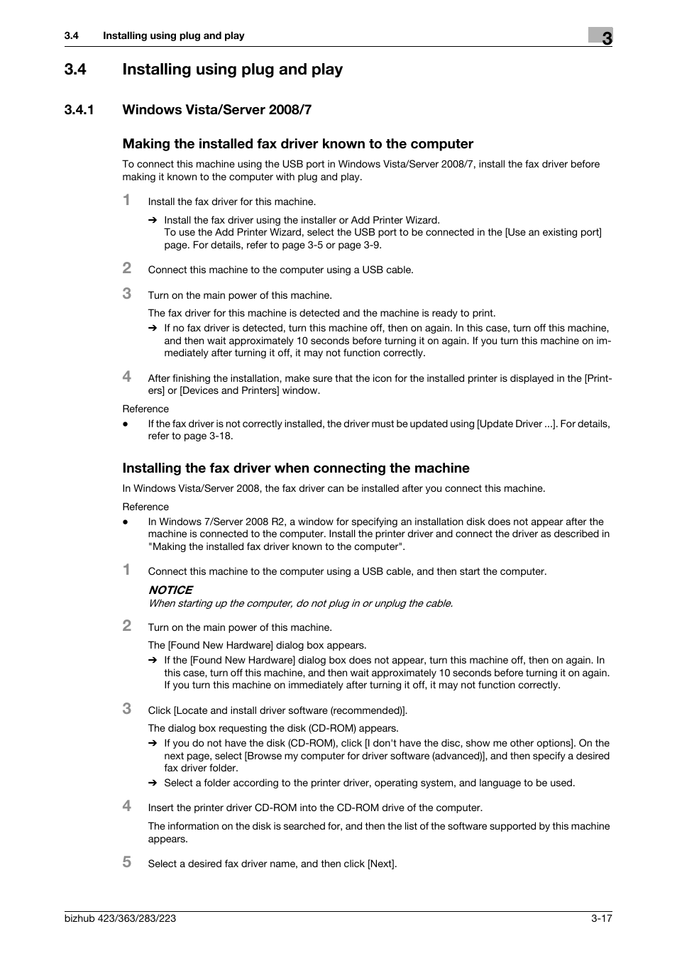 4 installing using plug and play, 1 windows vista/server 2008/7, Installing using plug and play -17 | Konica Minolta BIZHUB 223 User Manual | Page 28 / 76
