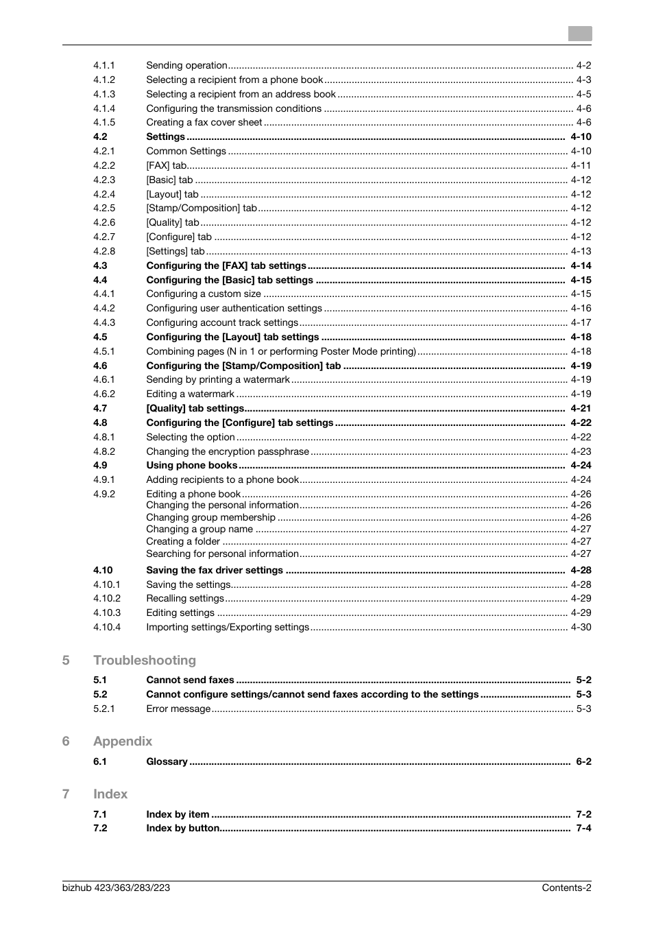 5troubleshooting, 6appendix, 7index | Konica Minolta BIZHUB 223 User Manual | Page 3 / 76