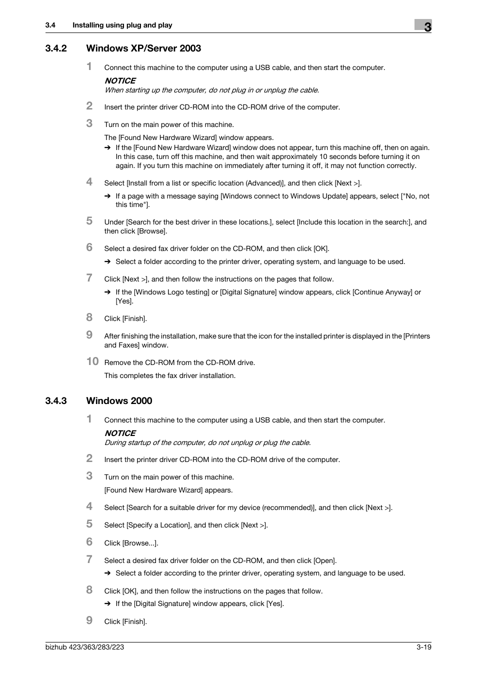 2 windows xp/server 2003, 3 windows 2000, Windows xp/server 2003 -19 | Windows 2000 -19, P. 3-19 | Konica Minolta BIZHUB 223 User Manual | Page 30 / 76