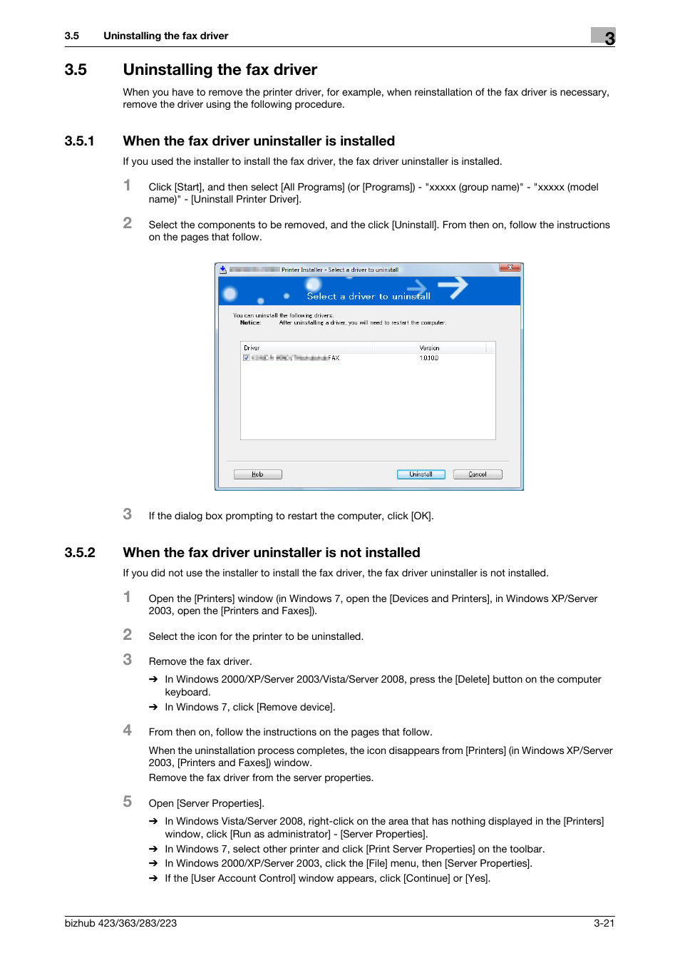 5 uninstalling the fax driver, 1 when the fax driver uninstaller is installed, 2 when the fax driver uninstaller is not installed | Uninstalling the fax driver -21, When the fax driver uninstaller is installed -21 | Konica Minolta BIZHUB 223 User Manual | Page 32 / 76