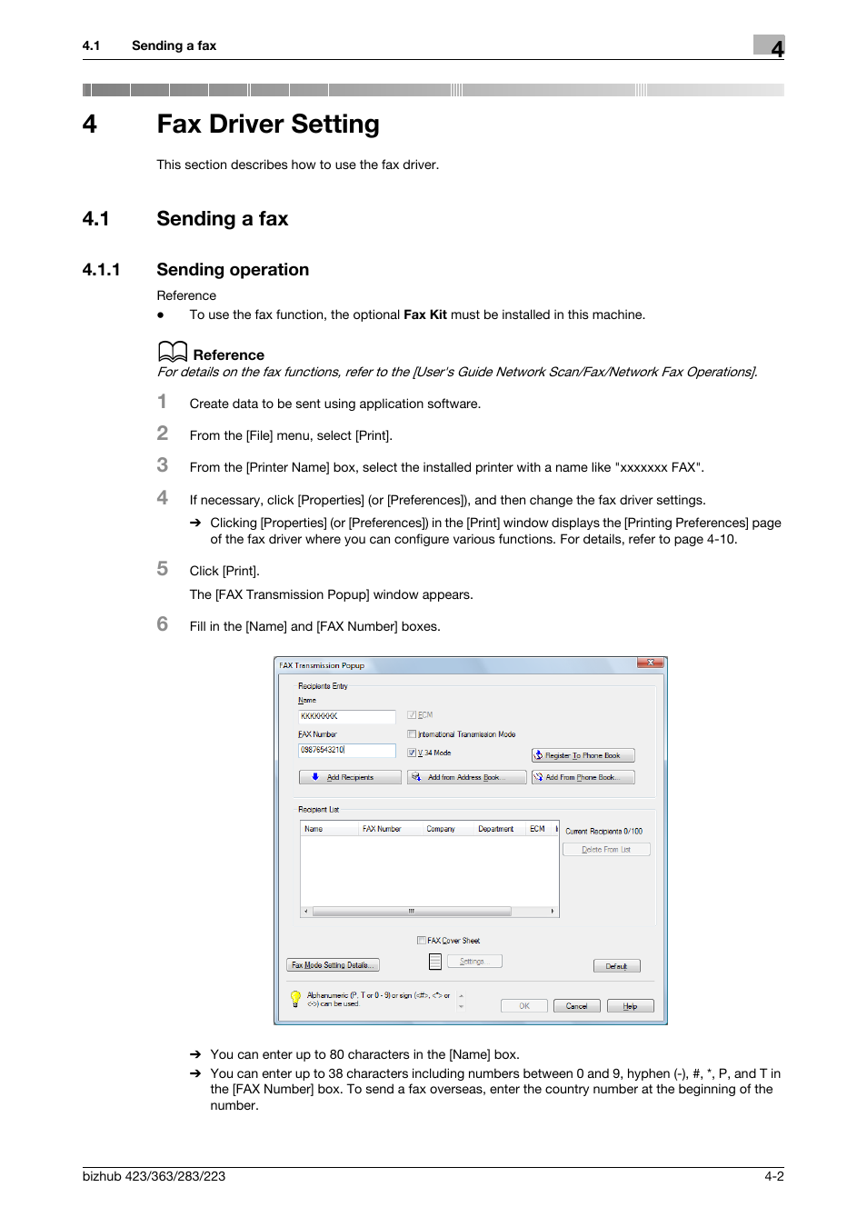 4 fax driver setting, 1 sending a fax, 1 sending operation | Fax driver setting, Sending a fax -2, Sending operation -2, 4fax driver setting | Konica Minolta BIZHUB 223 User Manual | Page 35 / 76
