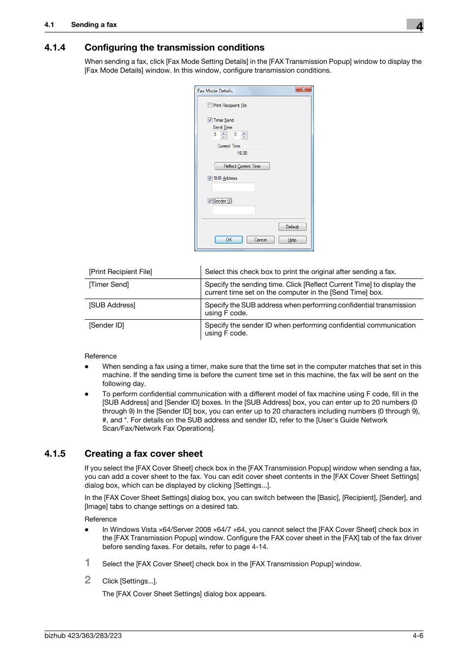 4 configuring the transmission conditions, 5 creating a fax cover sheet, Configuring the transmission conditions -6 | Creating a fax cover sheet -6 | Konica Minolta BIZHUB 223 User Manual | Page 39 / 76