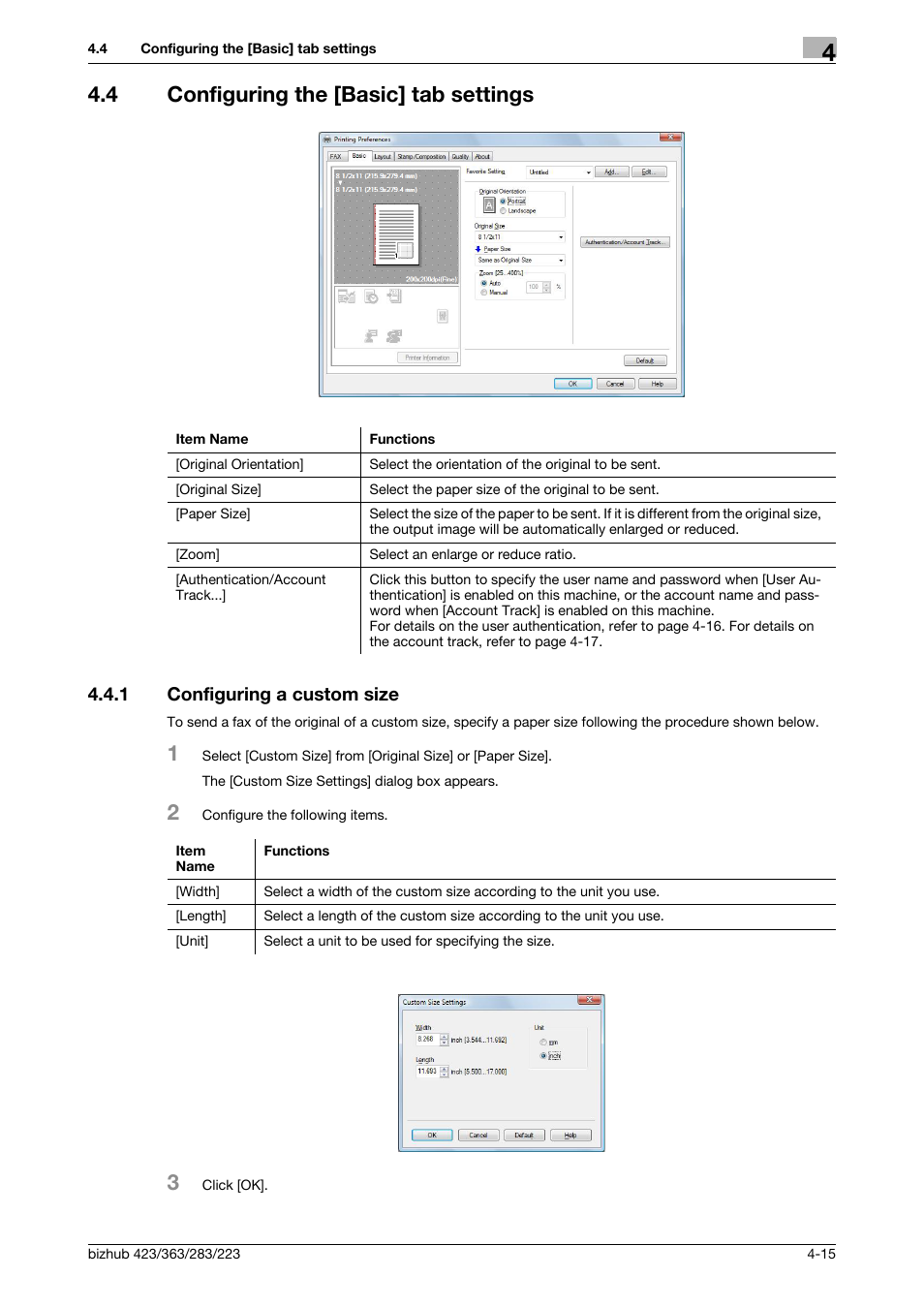 4 configuring the [basic] tab settings, 1 configuring a custom size, Configuring the [basic] tab settings -15 | Configuring a custom size -15 | Konica Minolta BIZHUB 223 User Manual | Page 48 / 76