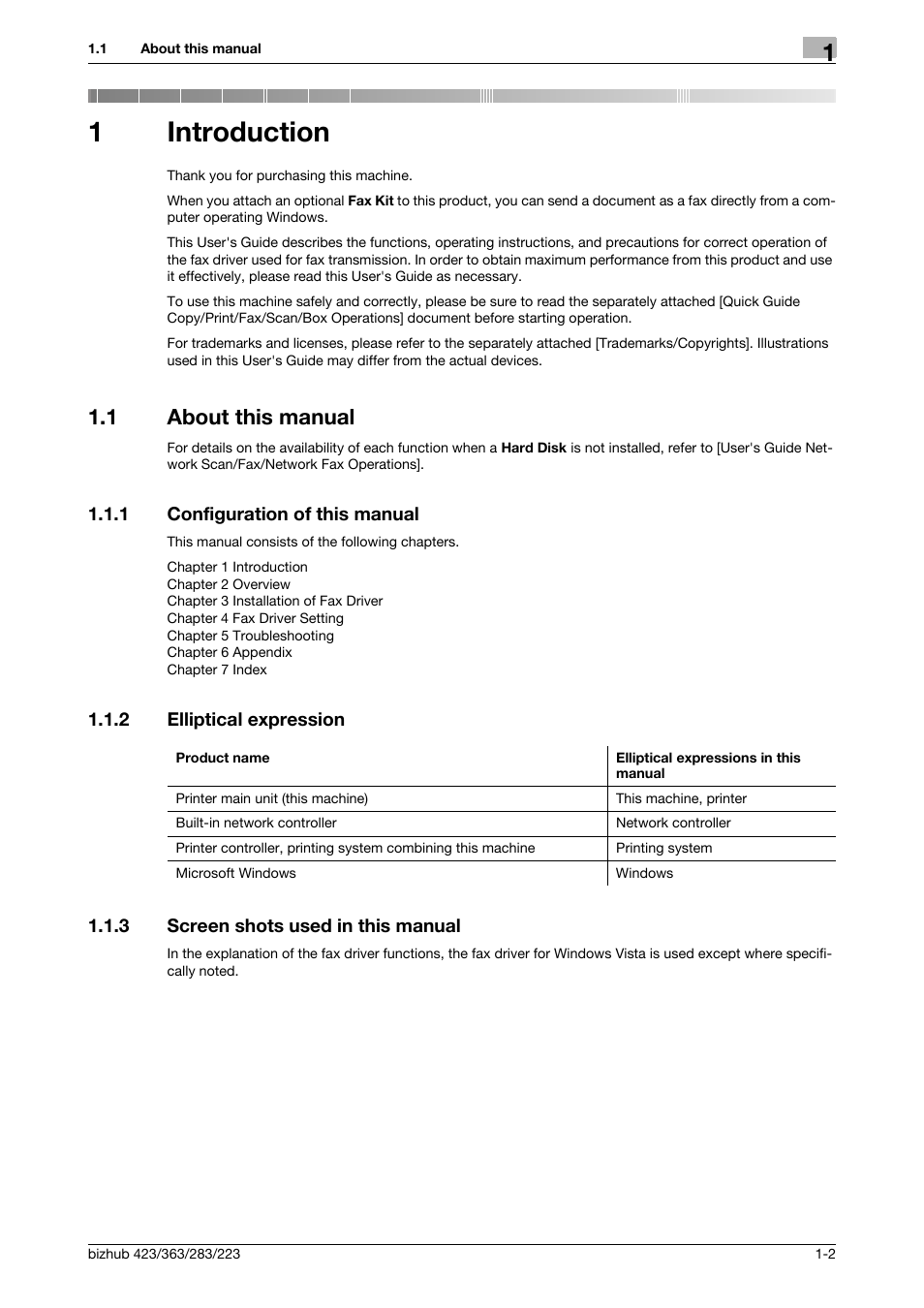 1 introduction, 1 about this manual, 1 configuration of this manual | 2 elliptical expression, 3 screen shots used in this manual, Introduction, About this manual -2, Configuration of this manual -2, Elliptical expression -2, Screen shots used in this manual -2 | Konica Minolta BIZHUB 223 User Manual | Page 5 / 76
