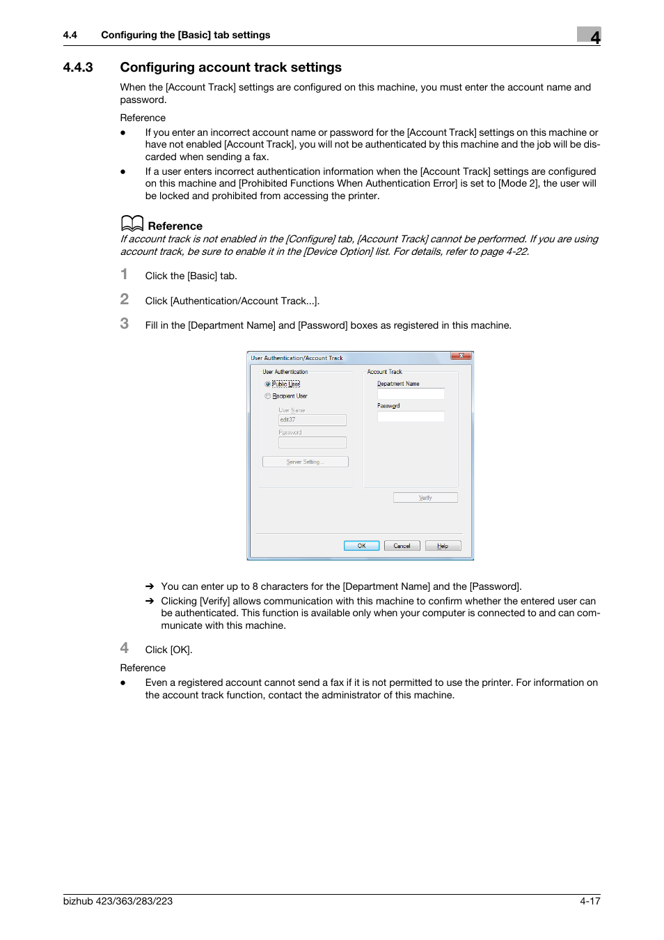 3 configuring account track settings, Configuring account track settings -17 | Konica Minolta BIZHUB 223 User Manual | Page 50 / 76