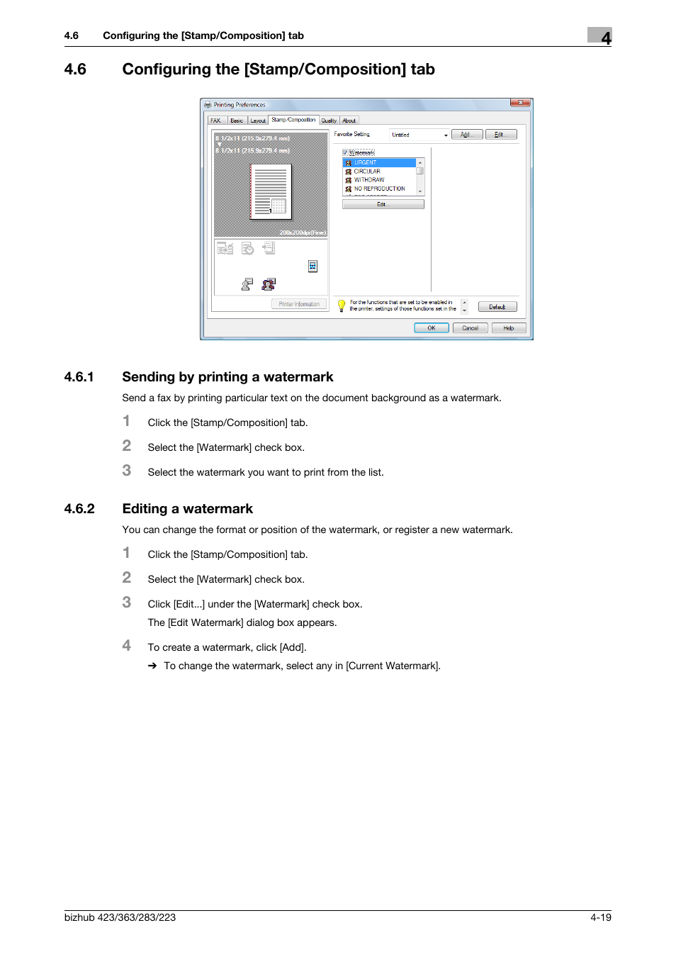 6 configuring the [stamp/composition] tab, 1 sending by printing a watermark, 2 editing a watermark | Configuring the [stamp/composition] tab -19, Sending by printing a watermark -19, Editing a watermark -19 | Konica Minolta BIZHUB 223 User Manual | Page 52 / 76