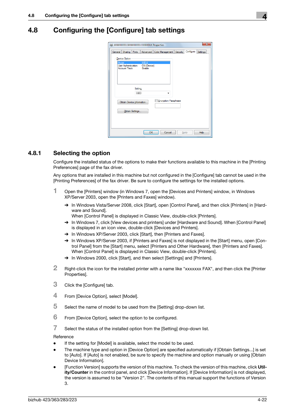 8 configuring the [configure] tab settings, 1 selecting the option, Configuring the [configure] tab settings -22 | Selecting the option -22 | Konica Minolta BIZHUB 223 User Manual | Page 55 / 76