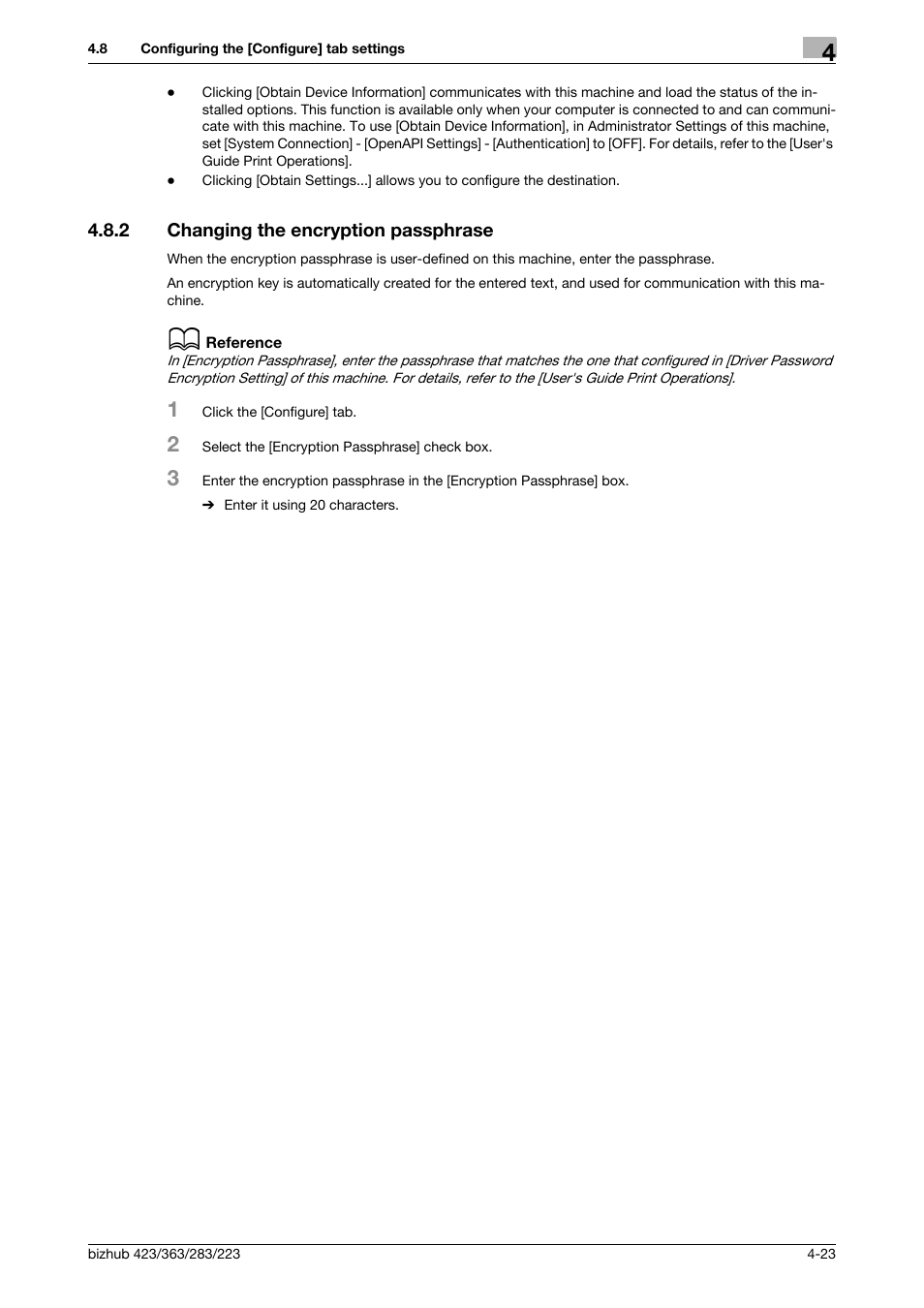 2 changing the encryption passphrase, Changing the encryption passphrase -23 | Konica Minolta BIZHUB 223 User Manual | Page 56 / 76