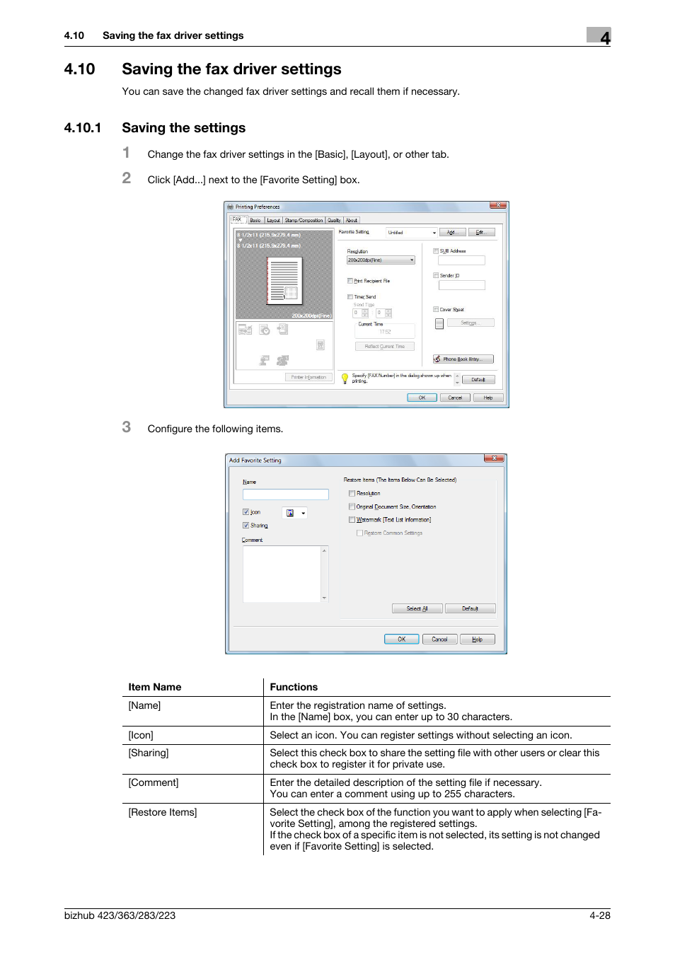 10 saving the fax driver settings, 1 saving the settings, Saving the fax driver settings -28 | Saving the settings -28 | Konica Minolta BIZHUB 223 User Manual | Page 61 / 76
