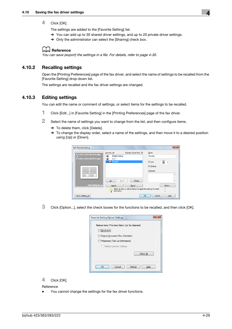 2 recalling settings, 3 editing settings, Recalling settings -29 | Editing settings -29 | Konica Minolta BIZHUB 223 User Manual | Page 62 / 76