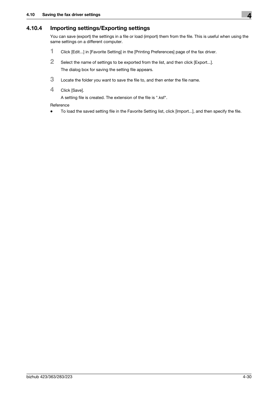 4 importing settings/exporting settings, Importing settings/exporting settings -30 | Konica Minolta BIZHUB 223 User Manual | Page 63 / 76