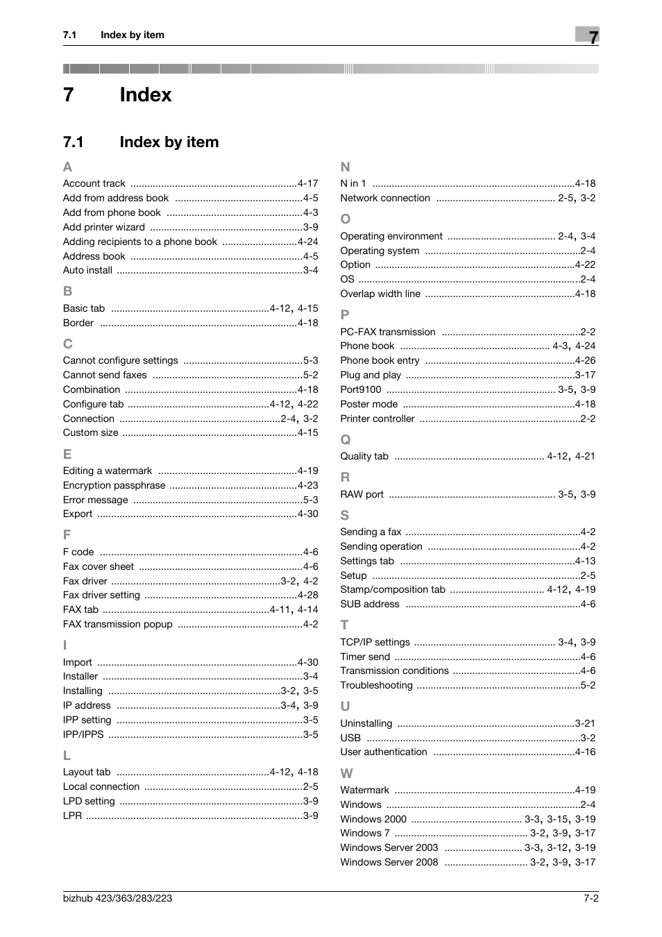 7 index, 1 index by item, Index | Index by item -2, 7index | Konica Minolta BIZHUB 223 User Manual | Page 73 / 76