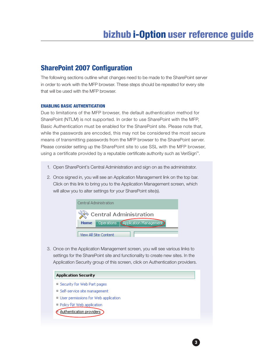 Sharepoint 2007 configuration, Enabling basic authentication, Bizhub i-option user reference guide | Sharepoint 2007 conﬁ guration | Konica Minolta bizhub 601 User Manual | Page 5 / 20