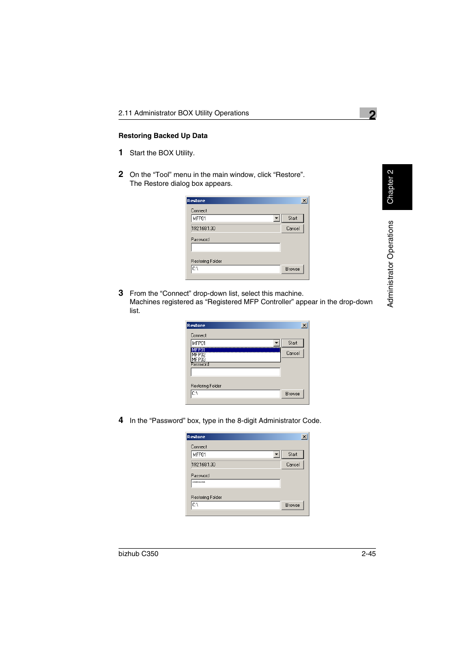 Restoring backed up data, Restoring backed up data -44 | Konica Minolta bizhub C350 User Manual | Page 55 / 87