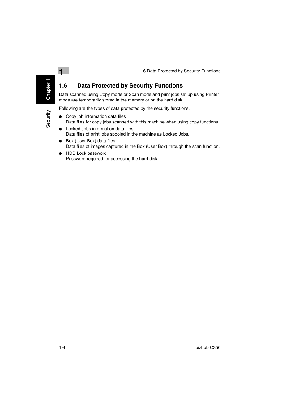 6 data protected by security functions, Data protected by security functions -4 | Konica Minolta bizhub C350 User Manual | Page 8 / 87