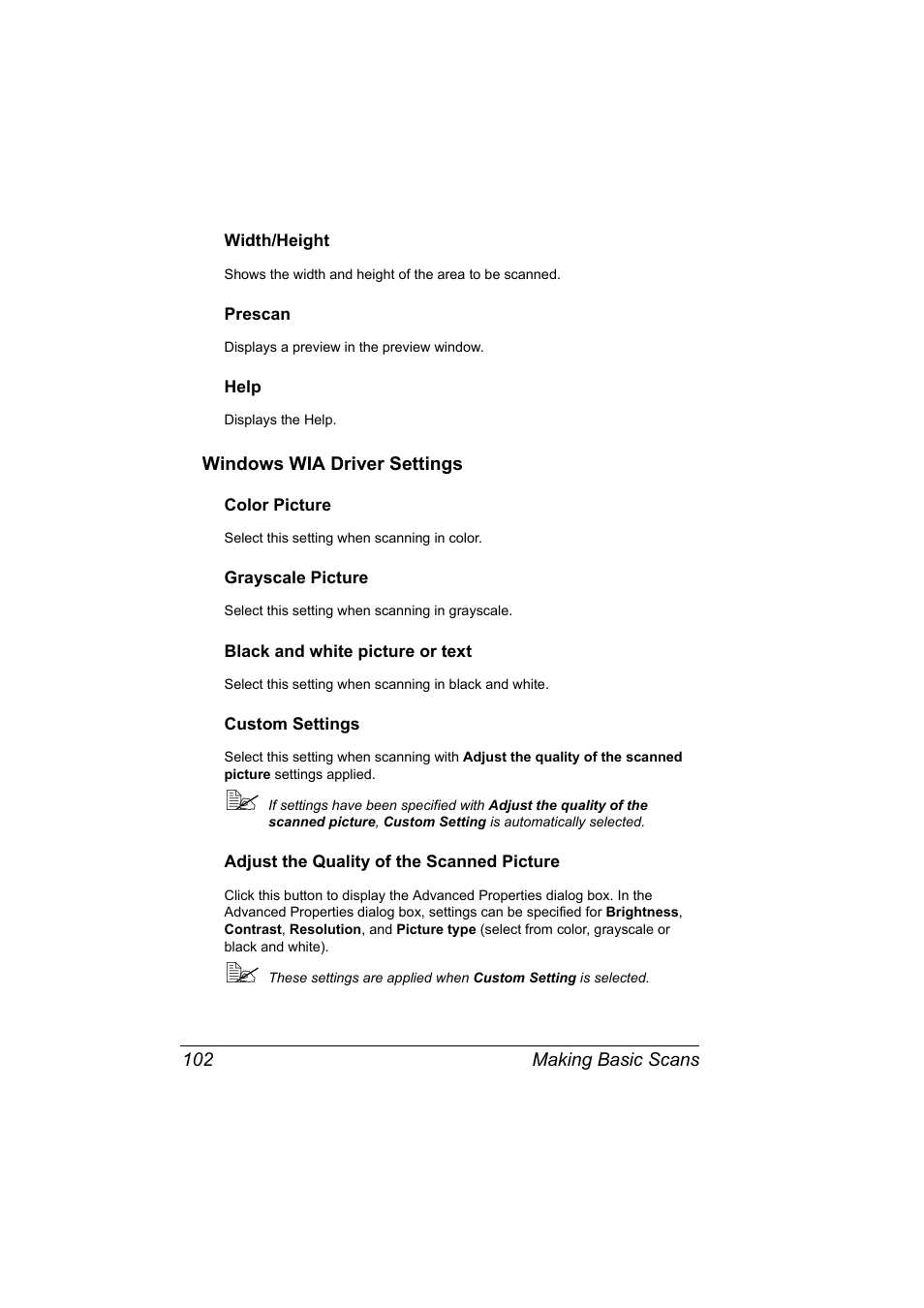 Width/height, Prescan, Help | Windows wia driver settings, Color picture, Grayscale picture, Black and white picture or text, Custom settings, Adjust the quality of the scanned picture, Width/height 102 prescan 102 help 102 | Konica Minolta magicolor 2590MF User Manual | Page 116 / 236