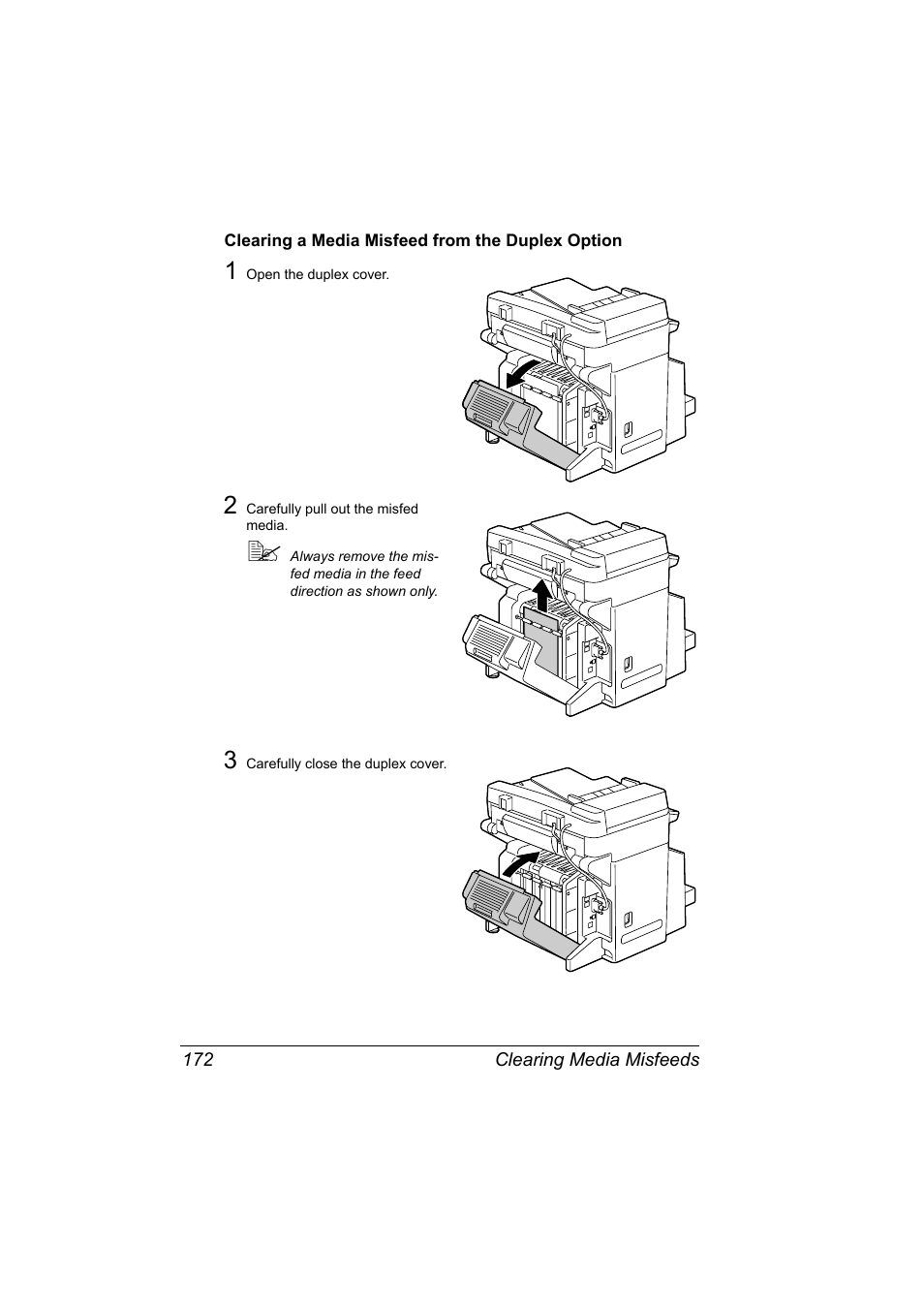 Clearing a media misfeed from the duplex option | Konica Minolta magicolor 2590MF User Manual | Page 186 / 236
