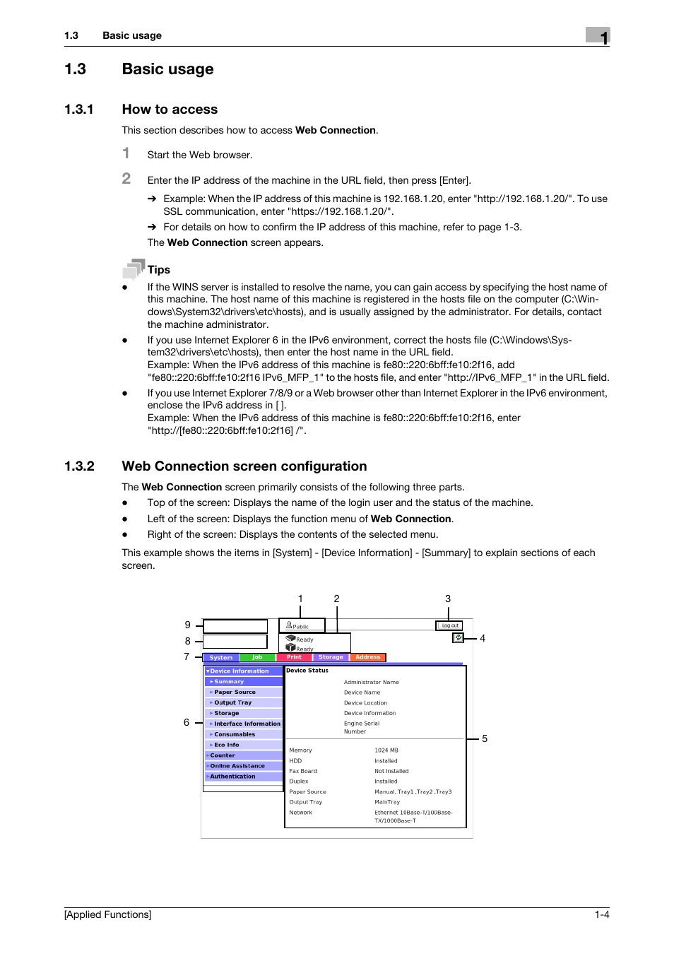3 basic usage, 1 how to access, 2 web connection screen configuration | Basic usage -4, How to access -4, Web connection screen configuration -4 | Konica Minolta bizhub 4750 User Manual | Page 10 / 149
