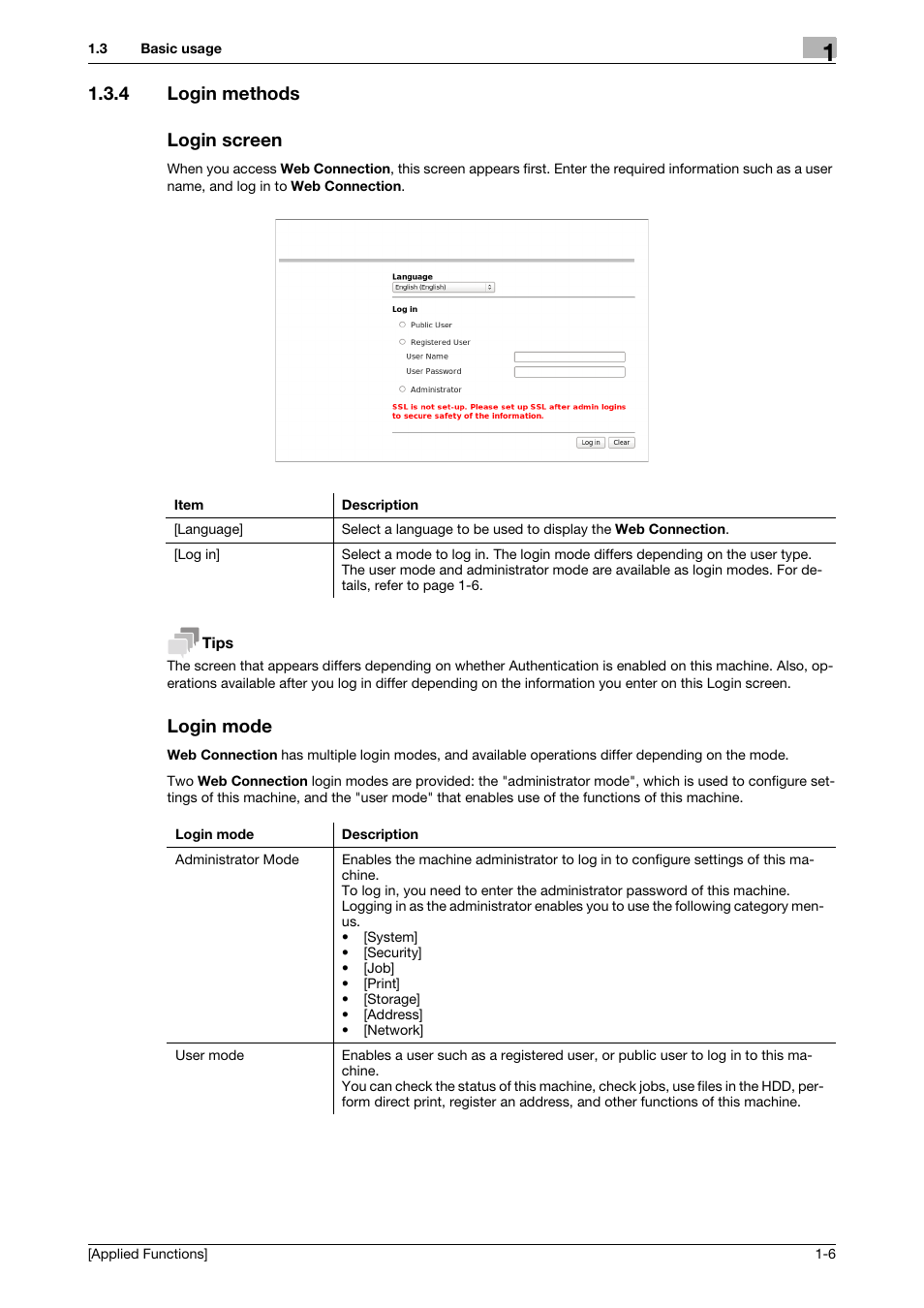 4 login methods, Login screen, Login mode | Login methods -6 login screen -6 login mode -6, 4 login methods login screen | Konica Minolta bizhub 4750 User Manual | Page 12 / 149