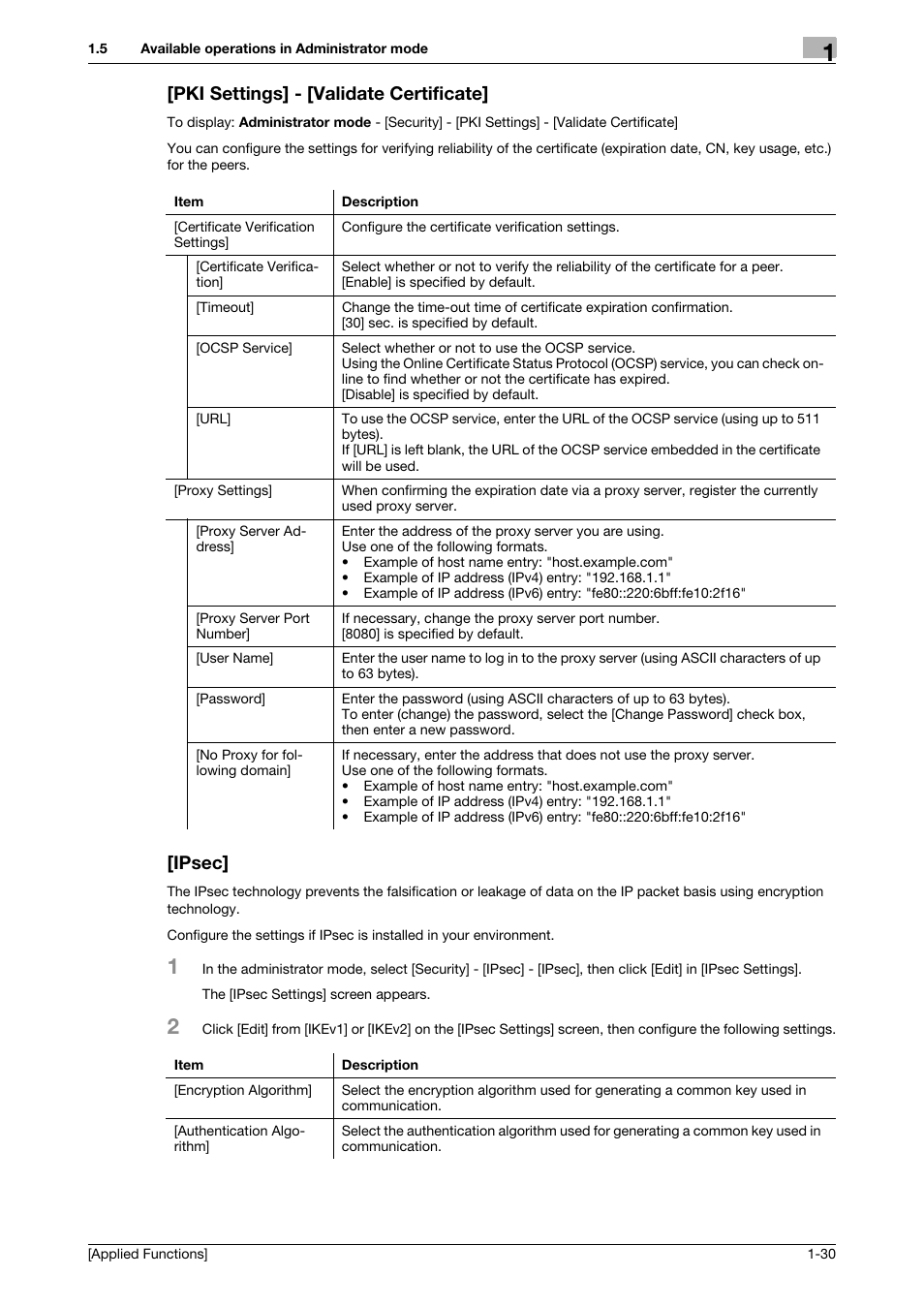 Pki settings] - [validate certificate, Ipsec | Konica Minolta bizhub 4750 User Manual | Page 36 / 149