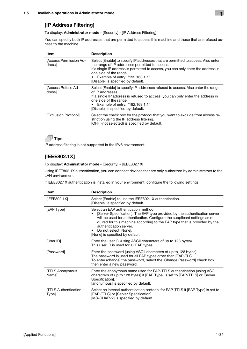 Ip address filtering, Ieee802.1x, Ip address filtering] -34 [ieee802.1x] -34 | Konica Minolta bizhub 4750 User Manual | Page 40 / 149