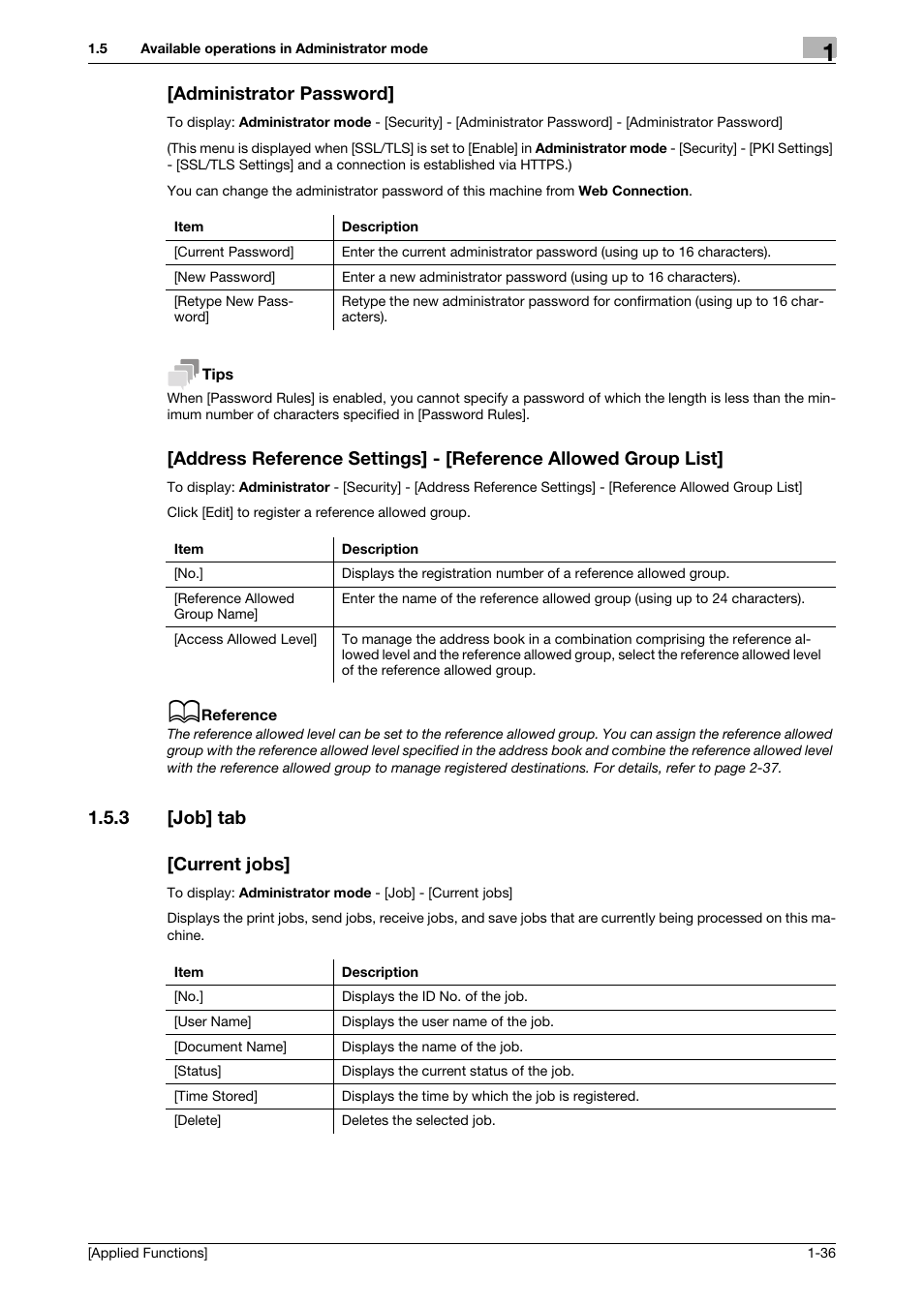 Administrator password, 3 [job] tab, Current jobs | Job] tab -36 [current jobs] -36, 3 [job] tab [current jobs | Konica Minolta bizhub 4750 User Manual | Page 42 / 149