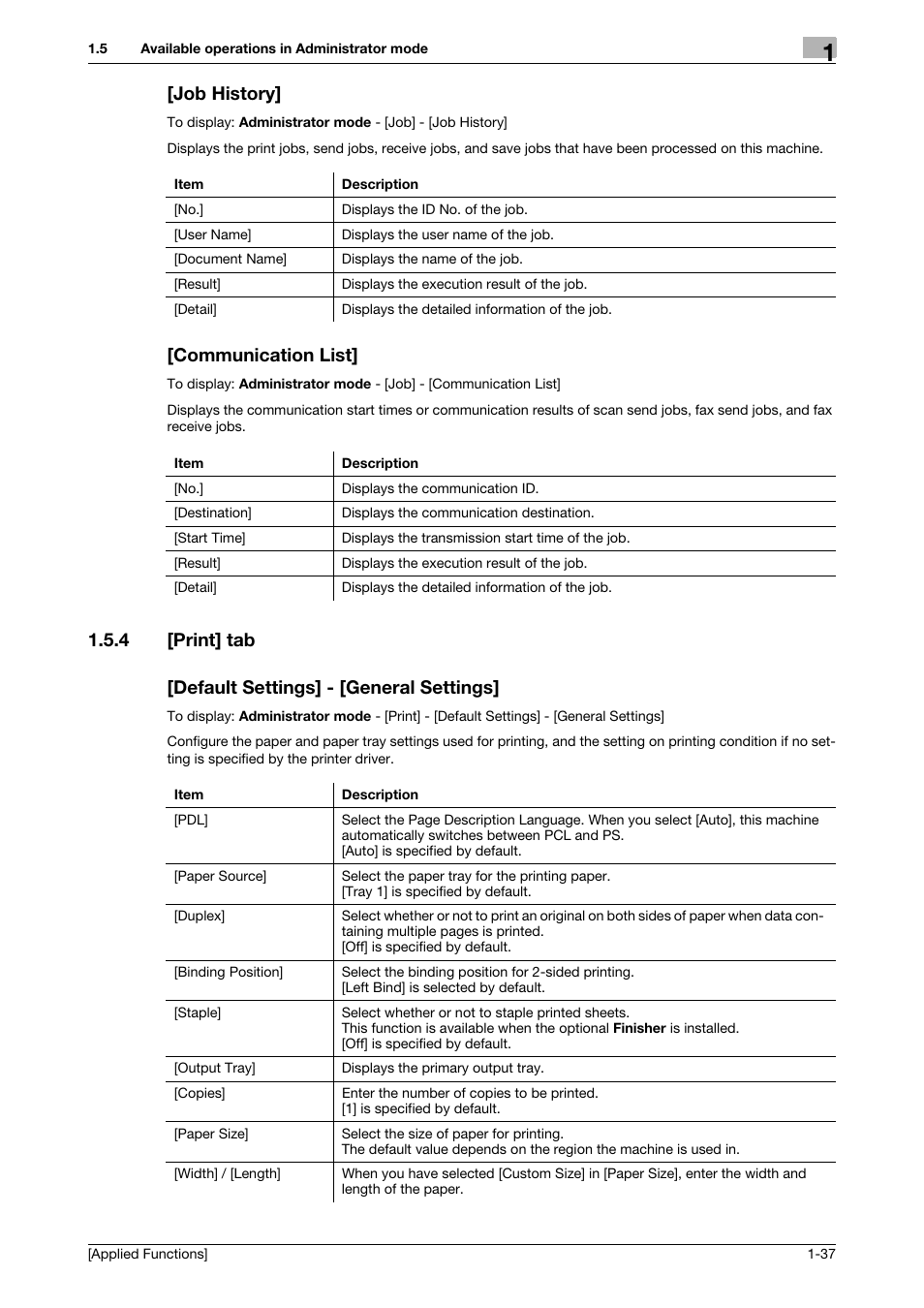 Job history, Communication list, 4 [print] tab | Default settings] - [general settings, Job history] -37 [communication list] -37 | Konica Minolta bizhub 4750 User Manual | Page 43 / 149