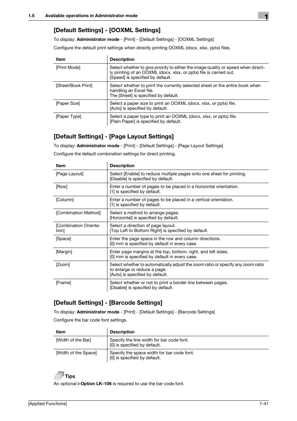 Default settings] - [ooxml settings, Default settings] - [barcode settings, Default settings] - [page layout settings | Konica Minolta bizhub 4750 User Manual | Page 47 / 149