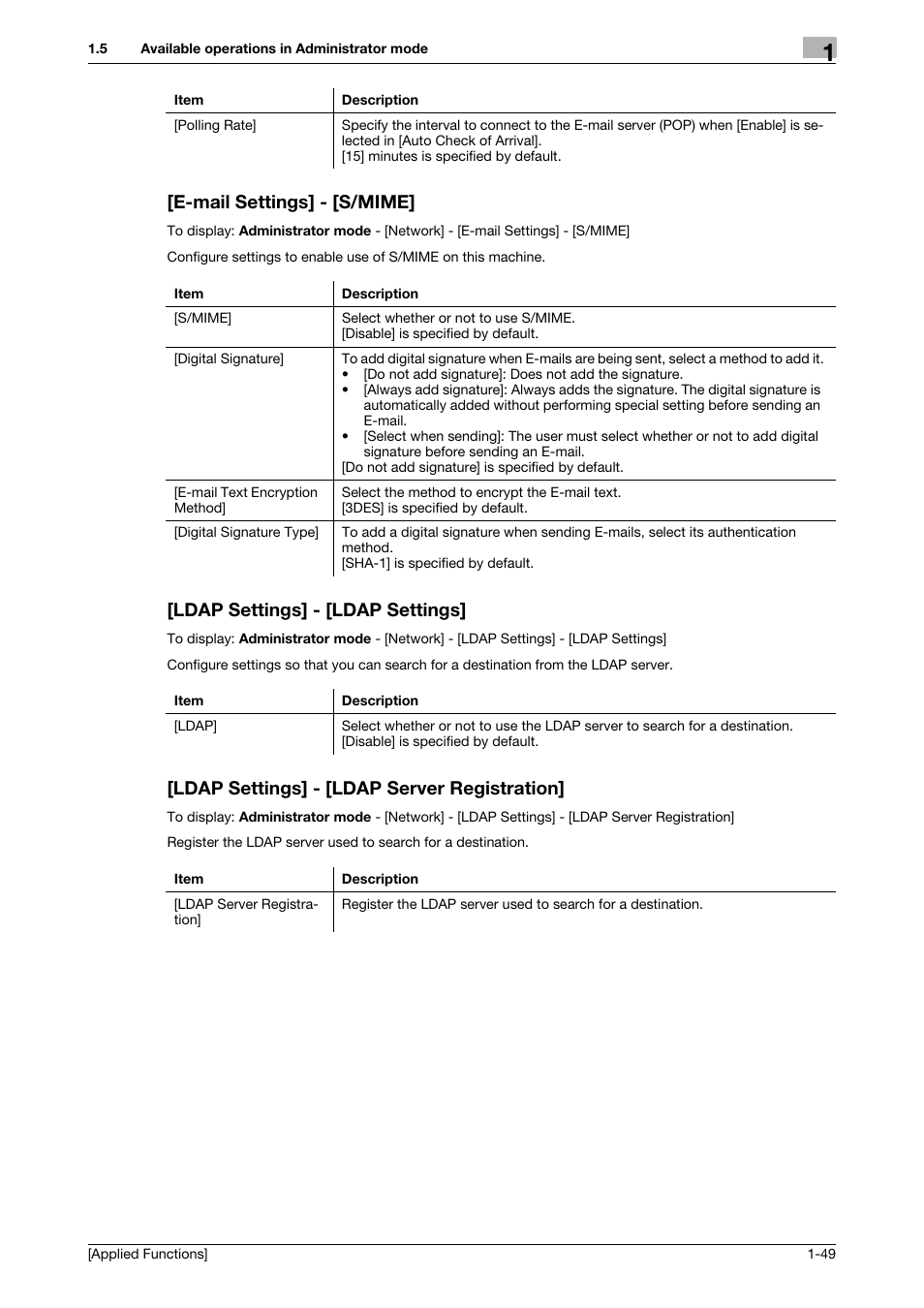 E-mail settings] - [s/mime, Ldap settings] - [ldap settings, Ldap settings] - [ldap server registration | Konica Minolta bizhub 4750 User Manual | Page 55 / 149