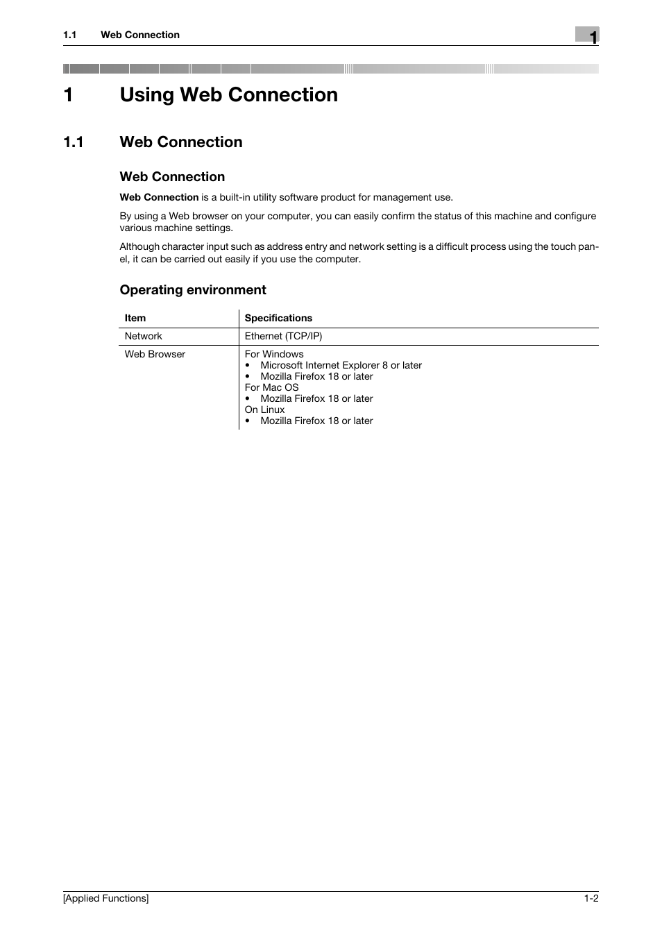 1 using web connection, 1 web connection, Web connection | Operating environment, Using web connection, 1using web connection | Konica Minolta bizhub 4750 User Manual | Page 8 / 149