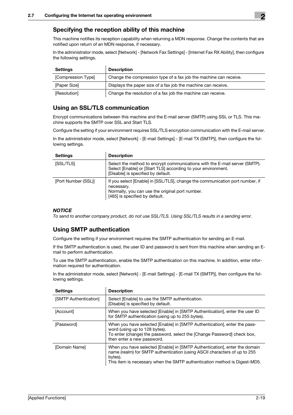 Specifying the reception ability of this machine, Using an ssl/tls communication, Using smtp authentication | Konica Minolta bizhub 4750 User Manual | Page 84 / 149