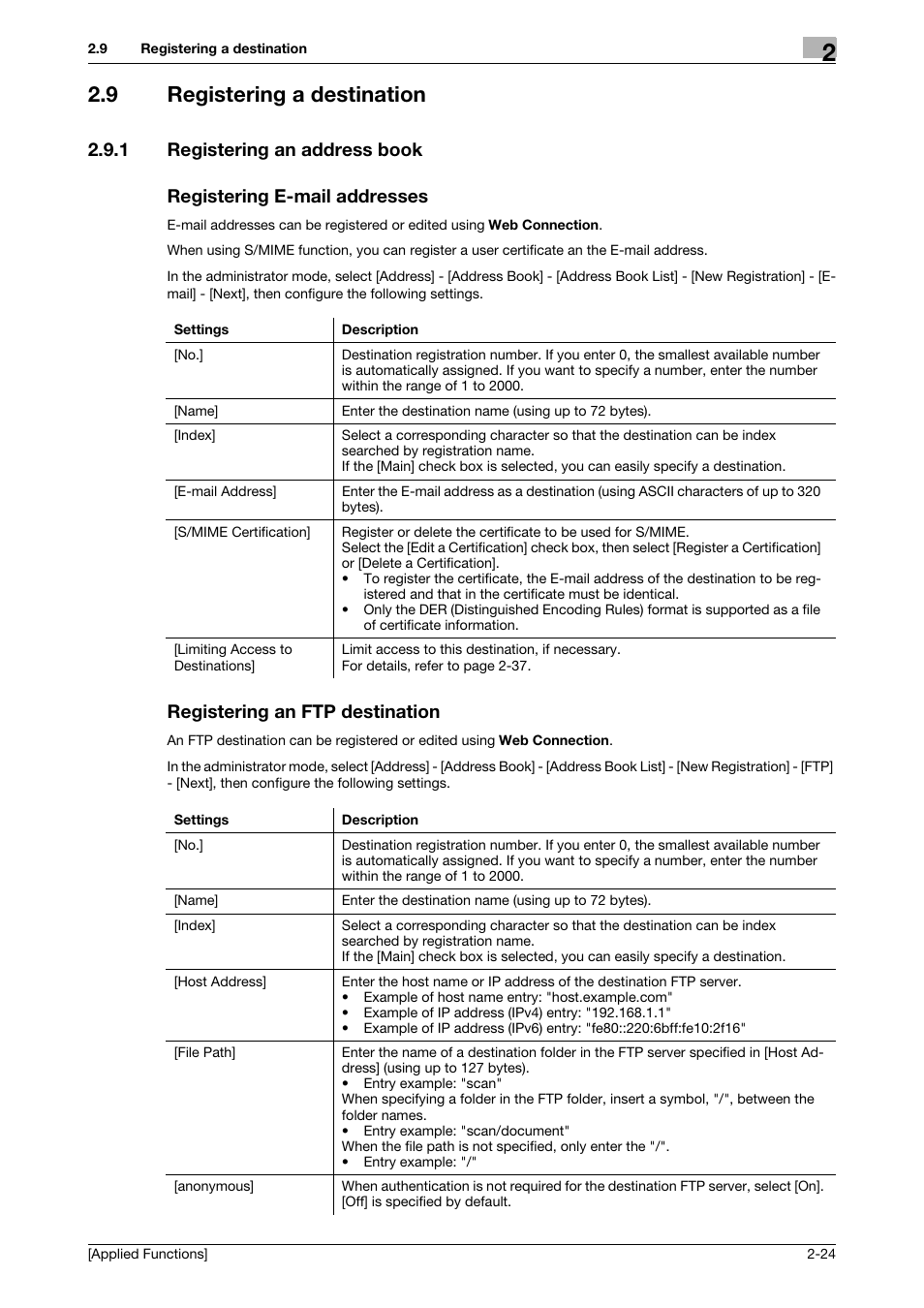 9 registering a destination, 1 registering an address book, Registering e-mail addresses | Registering an ftp destination, Registering a destination -24 | Konica Minolta bizhub 4750 User Manual | Page 89 / 149