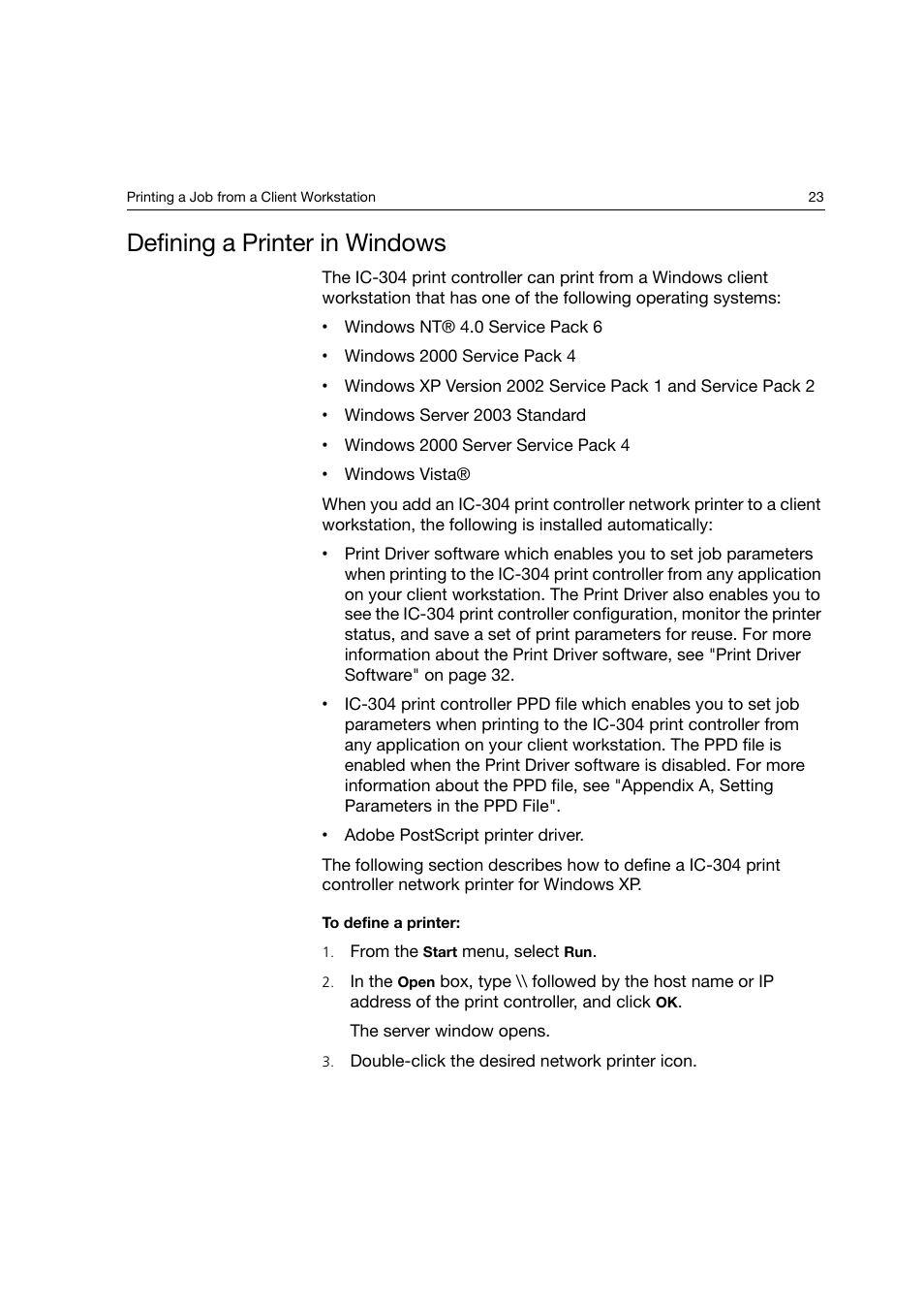 Defining a printer in windows | Konica Minolta bizhub PRO C6500P User Manual | Page 31 / 266