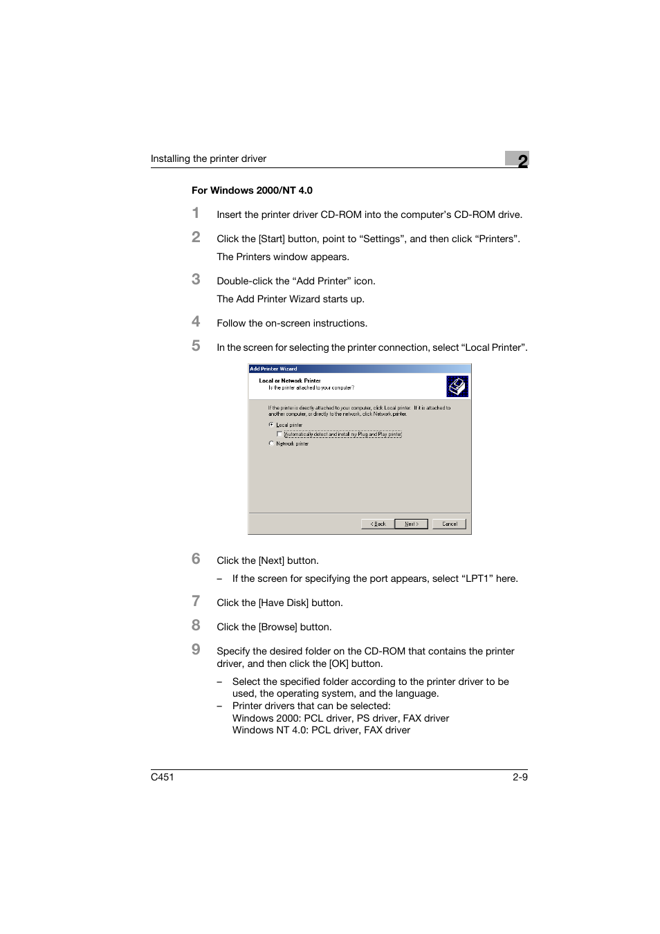 For windows 2000/nt 4.0, For windows 2000/nt 4.0 -9 | Konica Minolta bizhub C451 User Manual | Page 44 / 102