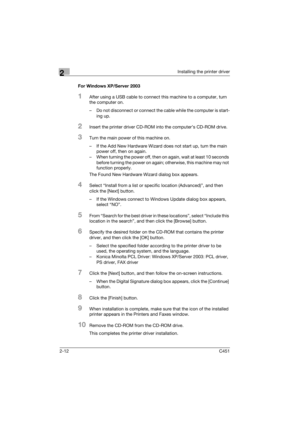 For windows xp/server 2003, For windows xp/server 2003 -12 | Konica Minolta bizhub C451 User Manual | Page 47 / 102
