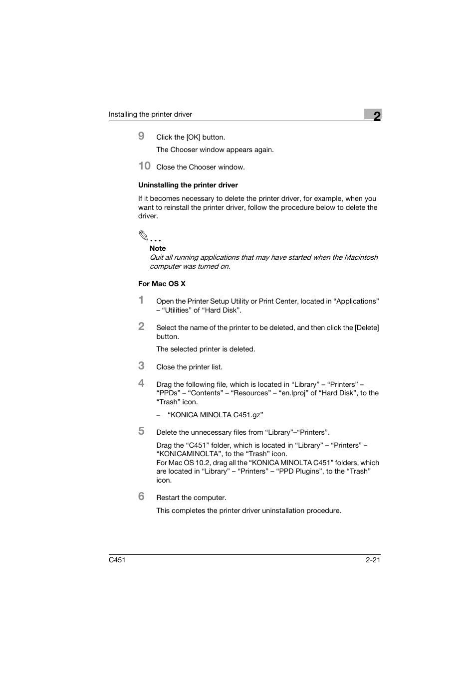 Uninstalling the printer driver, For mac os x | Konica Minolta bizhub C451 User Manual | Page 56 / 102
