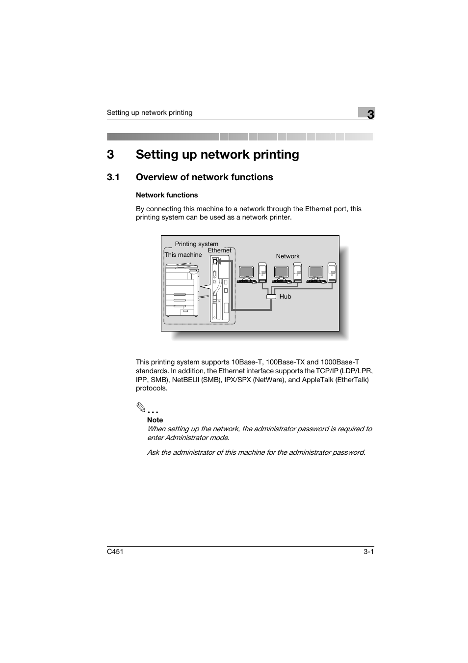 3 setting up network printing, 1 overview of network functions, Network functions | Setting up network printing, Overview of network functions -1, Network functions -1, 3setting up network printing | Konica Minolta bizhub C451 User Manual | Page 58 / 102