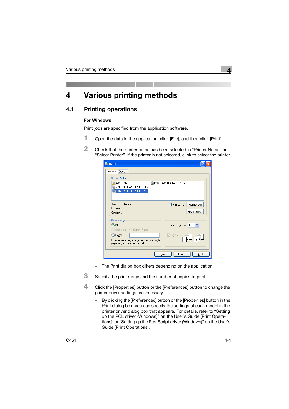 4 various printing methods, 1 printing operations, For windows | Various printing methods, Printing operations -1, For windows -1, 4various printing methods | Konica Minolta bizhub C451 User Manual | Page 62 / 102
