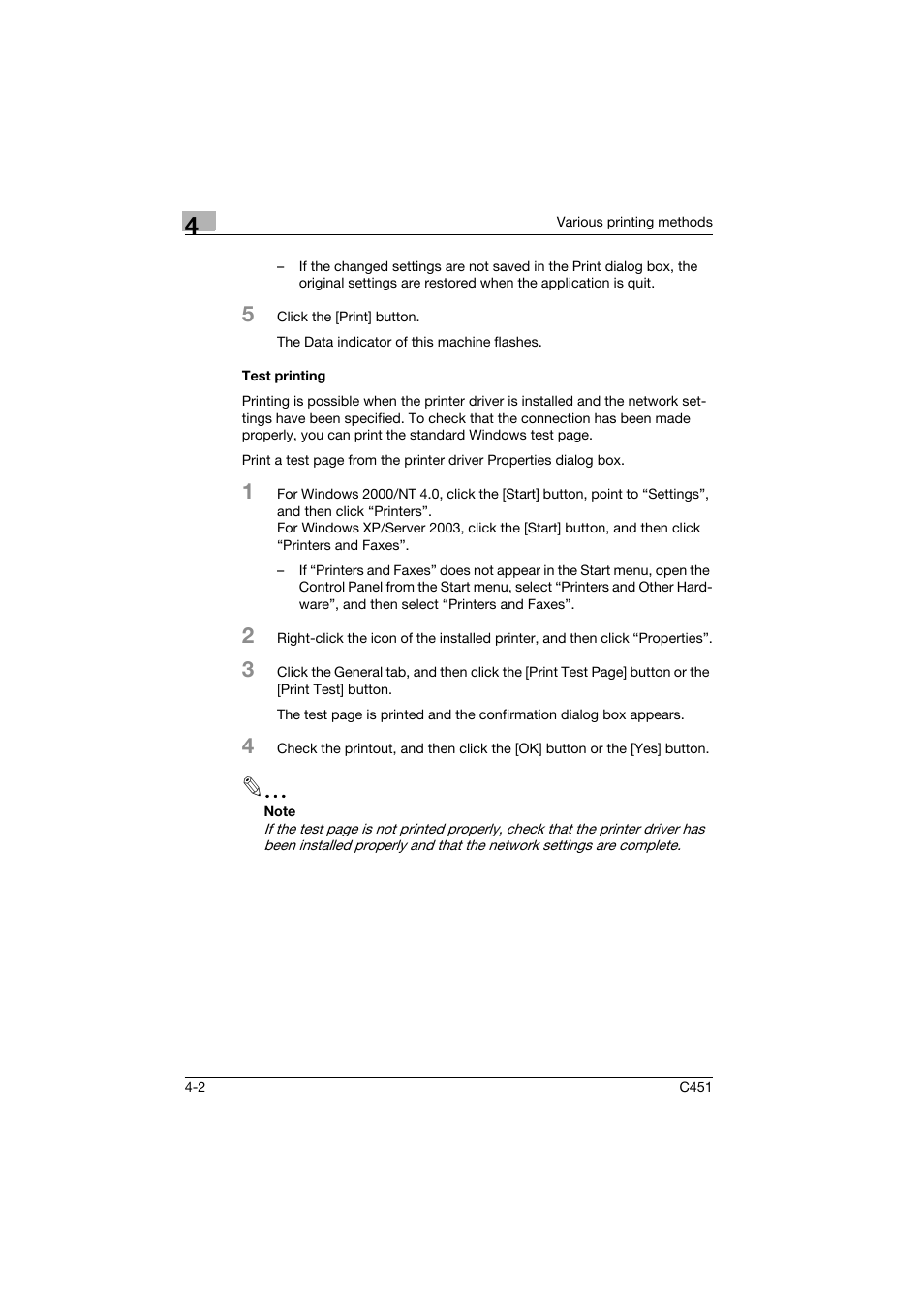 Test printing, Test printing -2 | Konica Minolta bizhub C451 User Manual | Page 63 / 102
