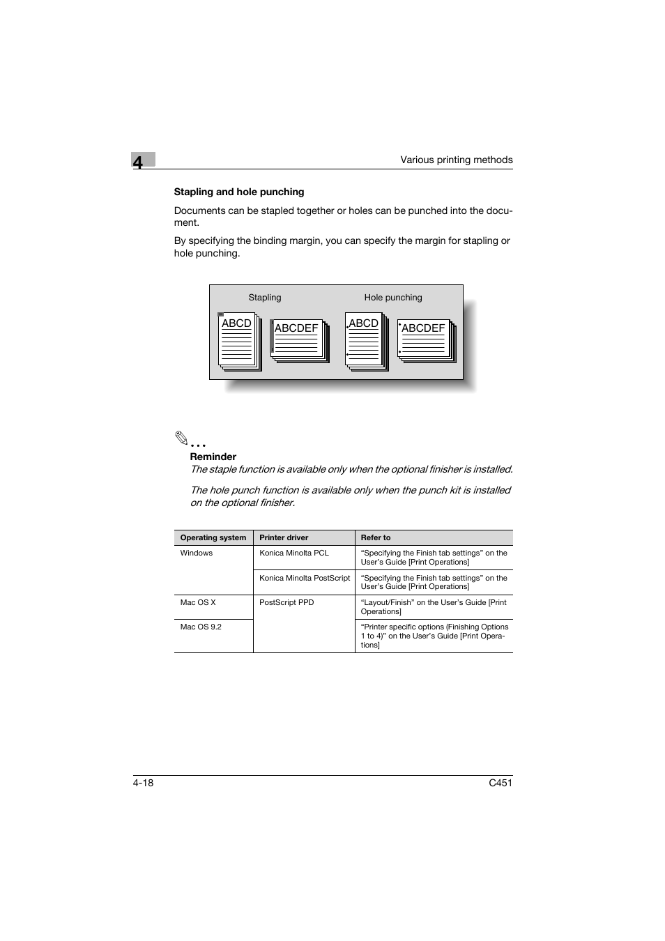 Stapling and hole punching, Stapling and hole punching -18 | Konica Minolta bizhub C451 User Manual | Page 79 / 102
