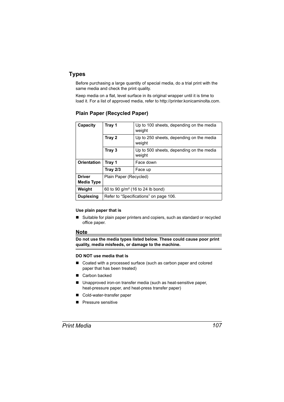 Types, Plain paper (recycled paper), Types 107 | Plain paper (recycled paper) 107, Print media 107 types | Konica Minolta bizhub C20X User Manual | Page 121 / 346