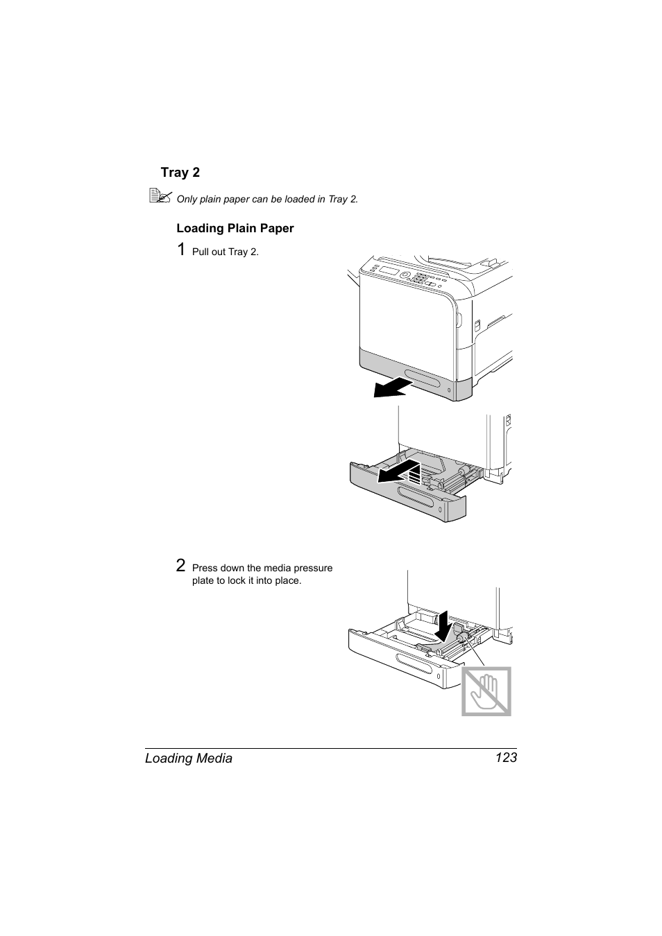 Tray 2, Loading plain paper, Tray 2 123 | Loading plain paper 123 | Konica Minolta bizhub C20X User Manual | Page 137 / 346