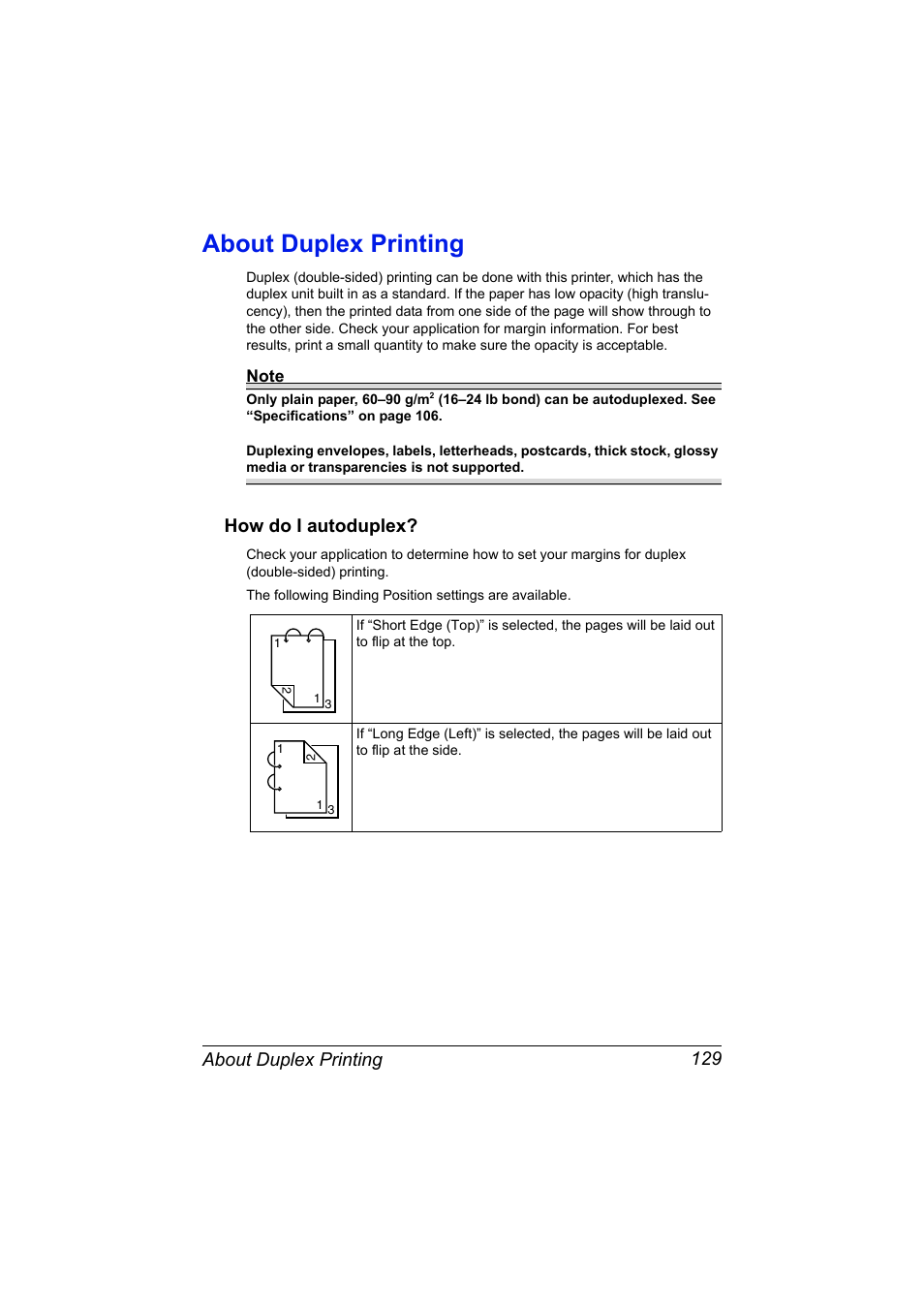 About duplex printing, How do i autoduplex, About duplex printing 129 | How do i autoduplex? 129 | Konica Minolta bizhub C20X User Manual | Page 143 / 346