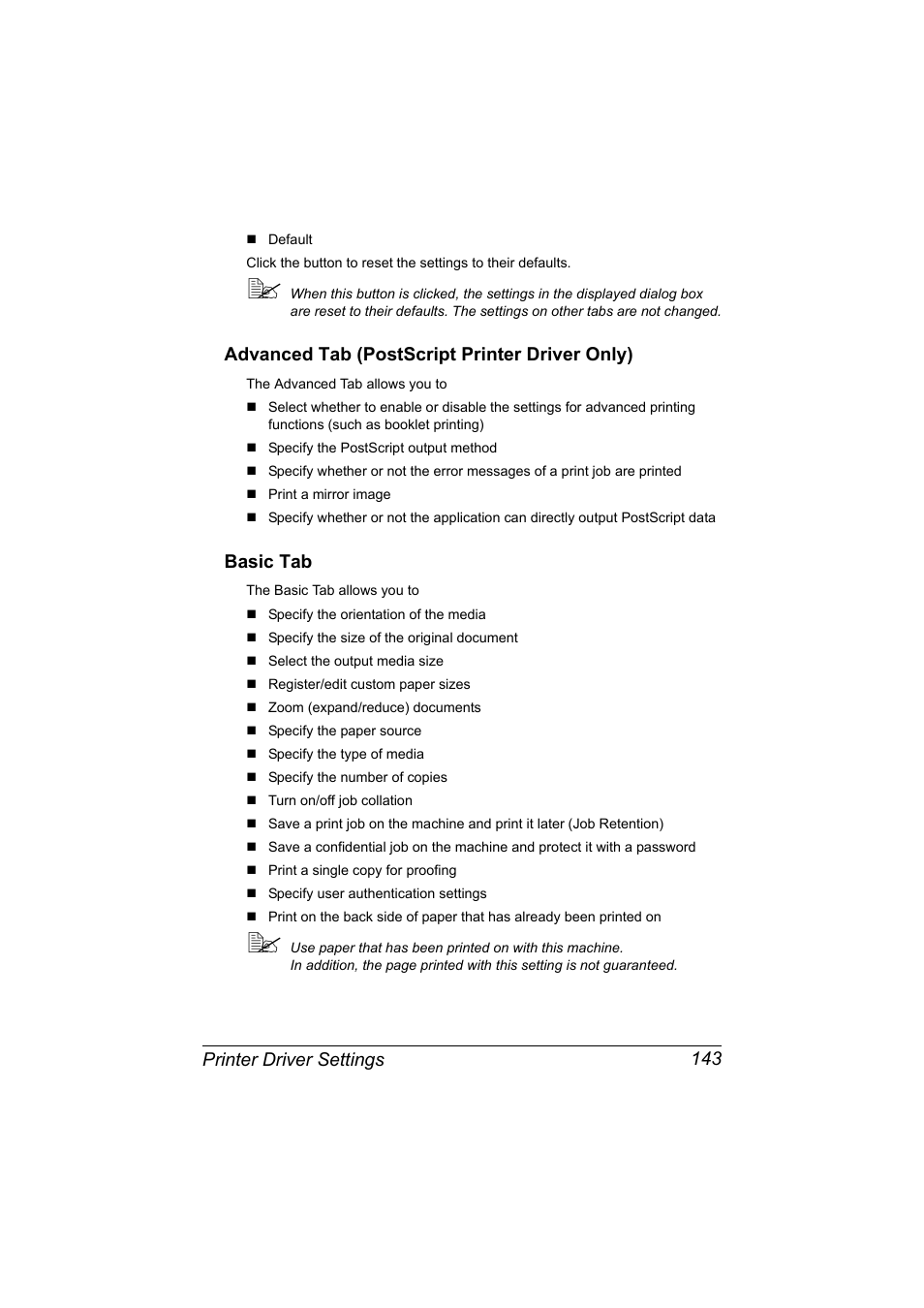 Advanced tab (postscript printer driver only), Basic tab, Printer driver settings 143 | Konica Minolta bizhub C20X User Manual | Page 157 / 346