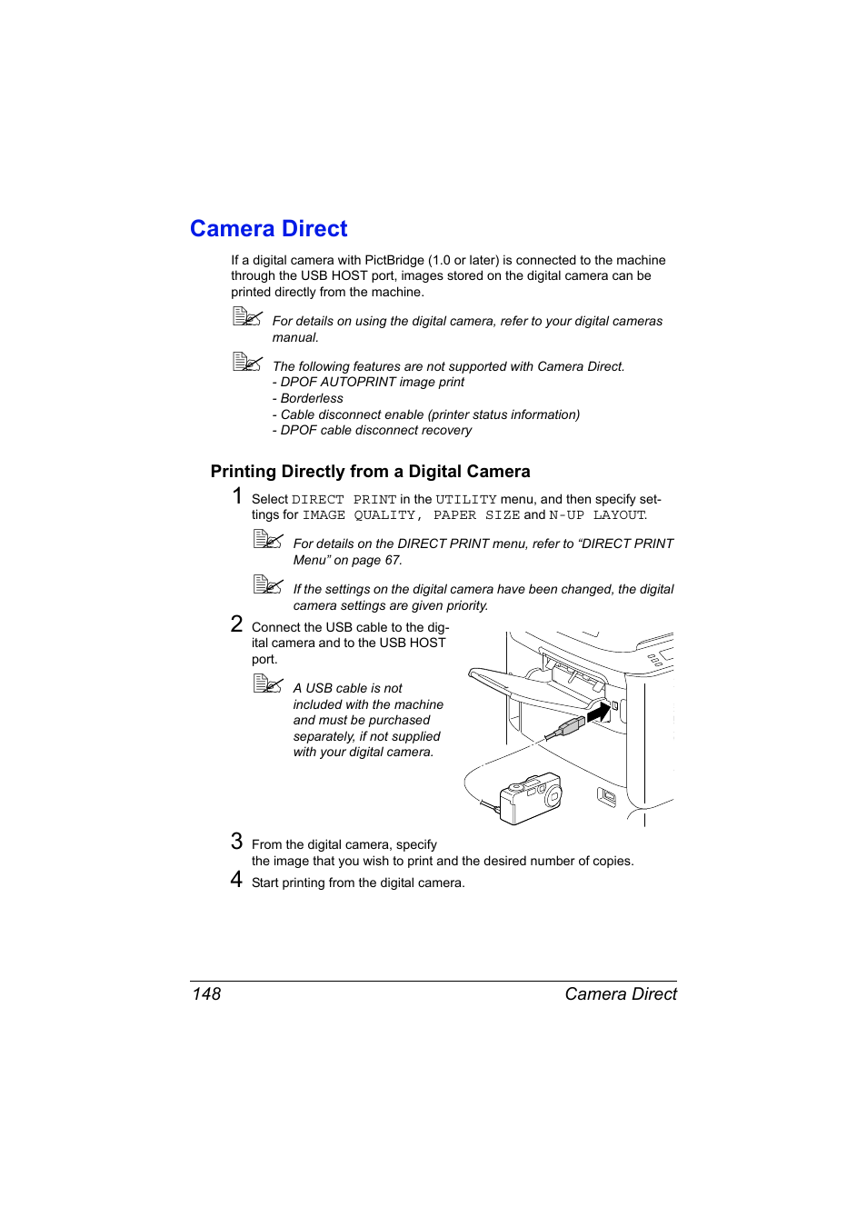 Camera direct, Printing directly from a digital camera, Camera direct 148 | Printing directly from a digital camera 148 | Konica Minolta bizhub C20X User Manual | Page 162 / 346