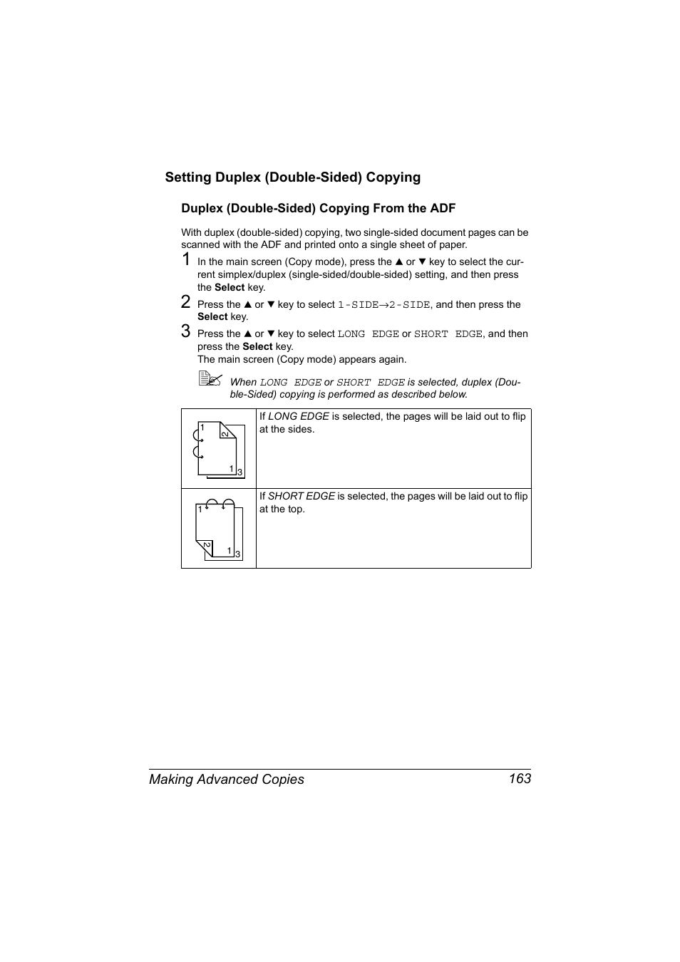 Setting duplex (double-sided) copying, Duplex (double-sided) copying from the adf, Setting duplex (double-sided) copying 163 | Duplex (double-sided) copying from the adf 163 | Konica Minolta bizhub C20X User Manual | Page 177 / 346