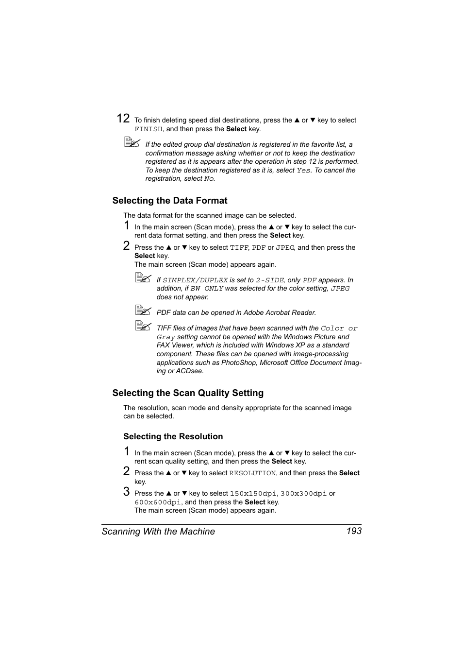 Selecting the data format, Selecting the scan quality setting, Selecting the resolution | Selecting the resolution 193 | Konica Minolta bizhub C20X User Manual | Page 207 / 346