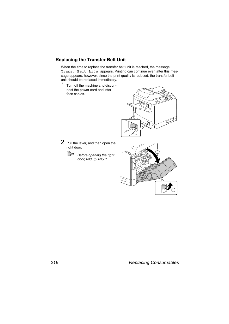 Replacing the transfer belt unit, Replacing the transfer belt unit 218 | Konica Minolta bizhub C20X User Manual | Page 232 / 346