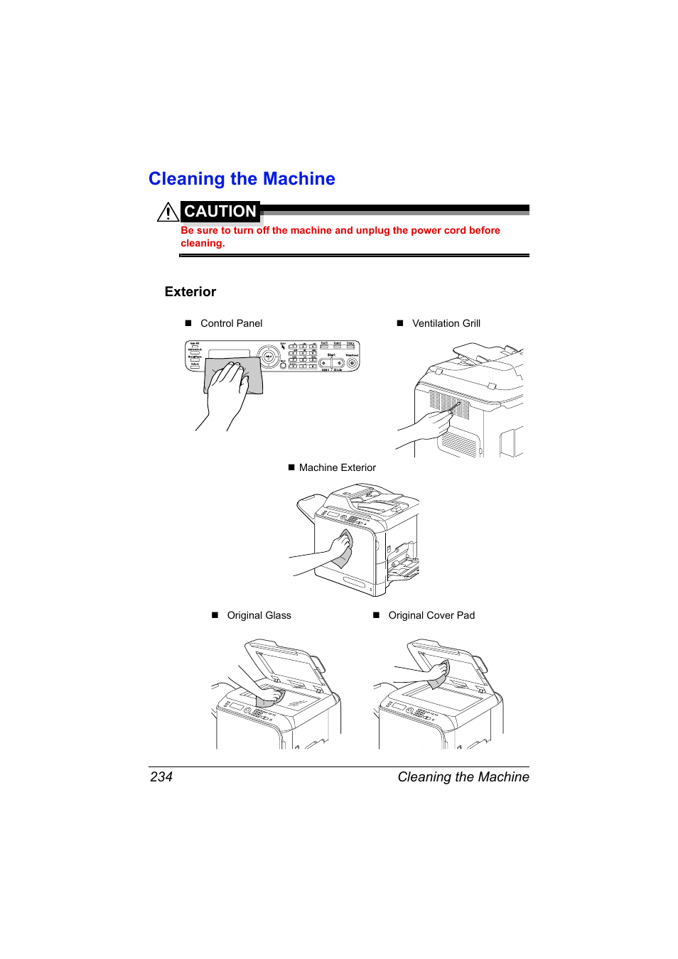Cleaning the machine, Exterior, Cleaning the machine 234 | Exterior 234, Caution | Konica Minolta bizhub C20X User Manual | Page 248 / 346