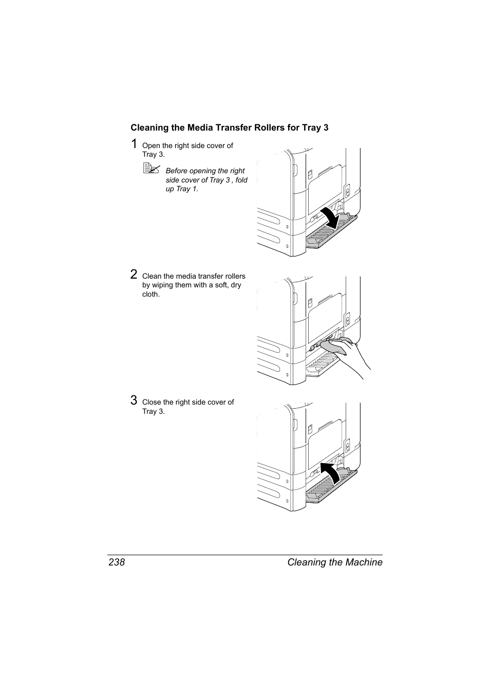 Cleaning the media transfer rollers for tray 3, Cleaning the media transfer rollers for tray 3 238 | Konica Minolta bizhub C20X User Manual | Page 252 / 346